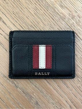 Bally Leather Card Holder | Black, Red, and White Center Stripe | 5 Pocket